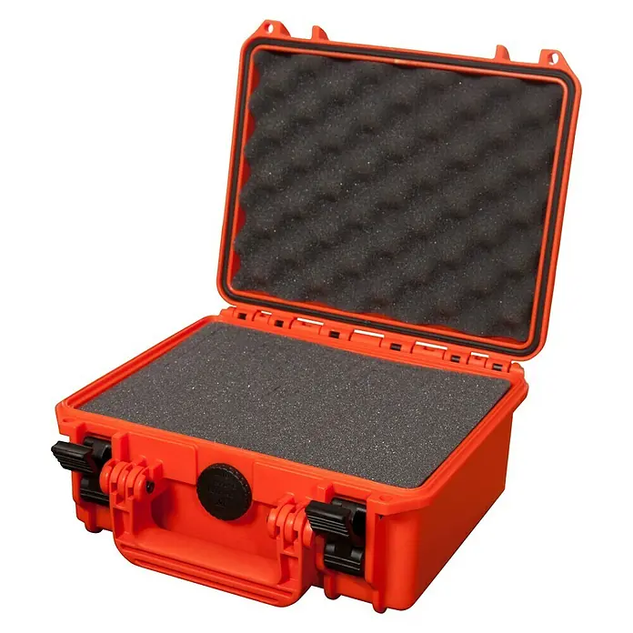 Wasserdichter Koffer MAX235 - L x B x H: 258 x 243 x 118 mm, Kunststoff, Mit Würfelschaumstoffeinlage, Orange - Diagonale Ansicht