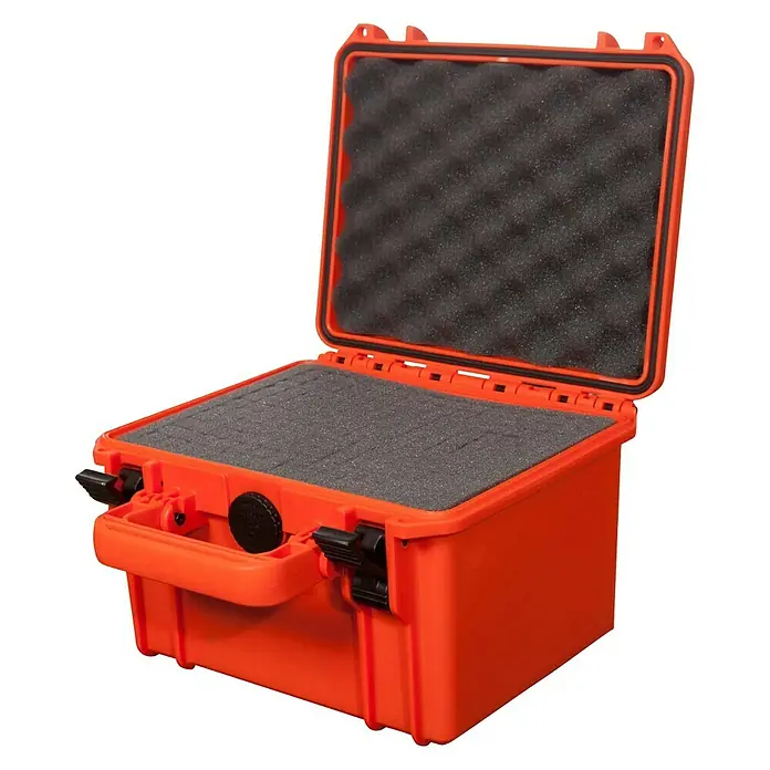 Wasserdichter Koffer MAX235 - L x B x H: 258 x 243 x 168 mm, Kunststoff, Mit Würfelschaumstoffeinlage, Orange - Diagonale Ansicht
