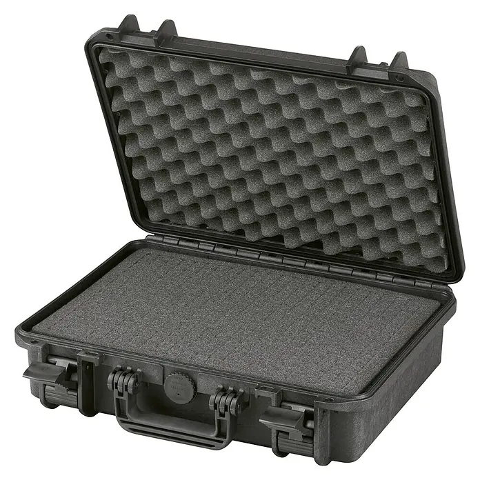 Wasserdichter Koffer MAX380 - L x B x H: 414 x 345 x 129 mm, Mit Würfelschaumstoffeinlage, Schwarz, Kunststoff - Diagonale Ansicht