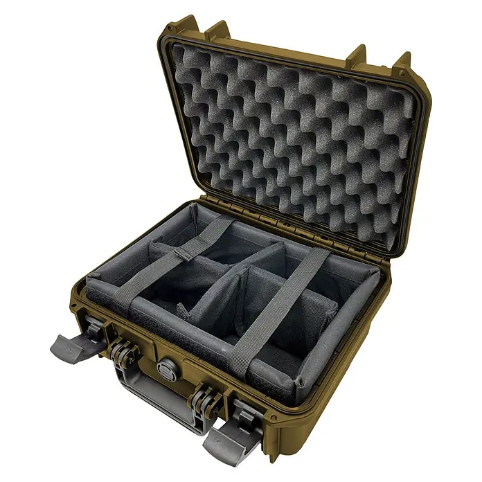 Wasserdichter Koffer MAX300CAM - L x B x H: 336 x 300 x 148 mm, Kunststoff, Mit Fototasche, Sahara - Diagonale Ansicht