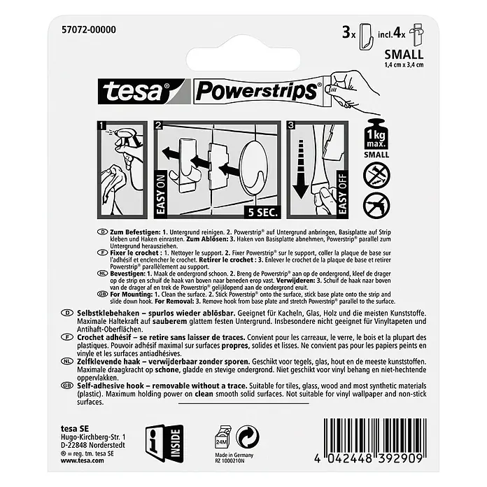 Tesa Powerstrips Selbstklebehaken - Weiß, 3 Stk. - Rückansicht