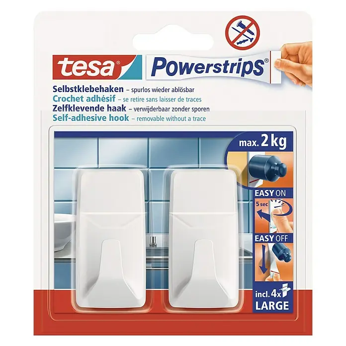 Tesa Powerstrips Selbstklebehaken - Weiß, 2 Stk. - Vorderansicht