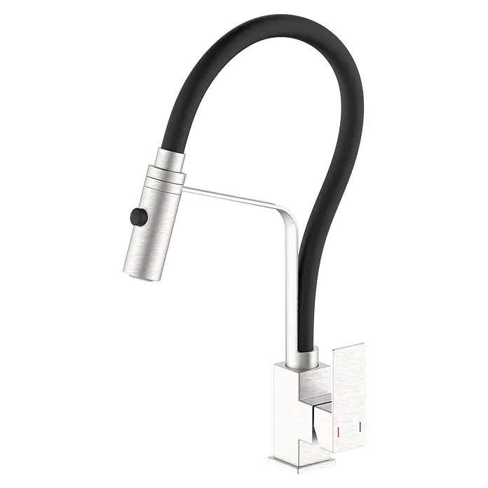 Grifo de cocina Portland - Negro/Cromo, Cepillado, Grifo extraíble - Vista angular