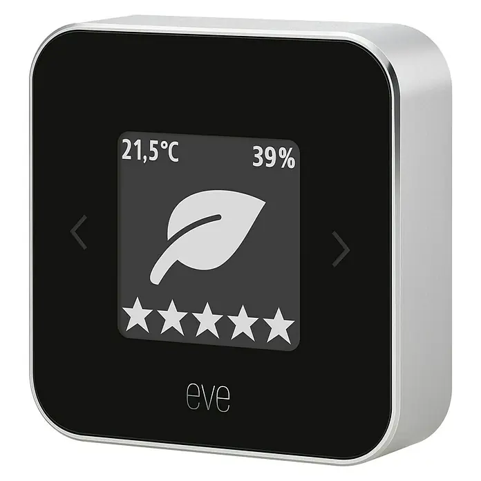 Eve Luftqualitätsmonitor Room - Akkubetrieben, Schwarz/Silber, 15 x 54 x 54 mm - Diagonale Ansicht