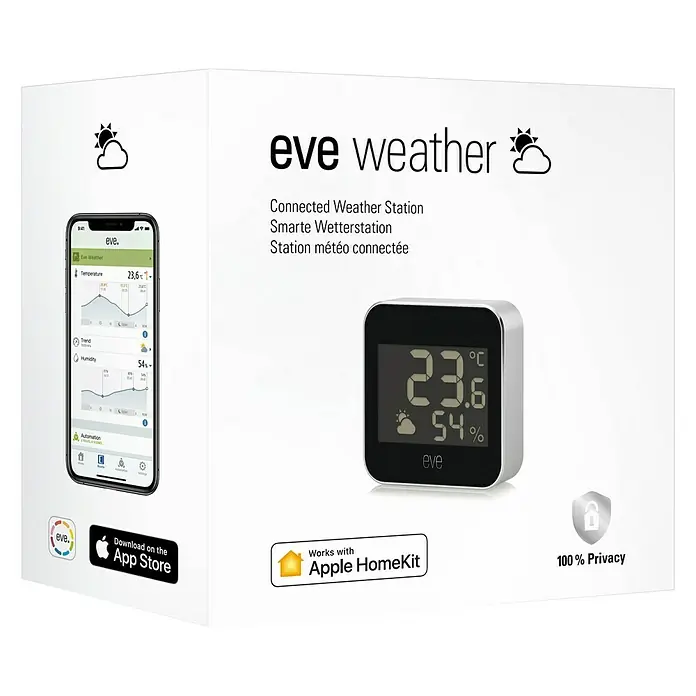 Eve Wetterstation Weather - Batteriebetrieben, Schwarz/Silber, 16 x 54 x 54 mm - Diagonale Ansicht