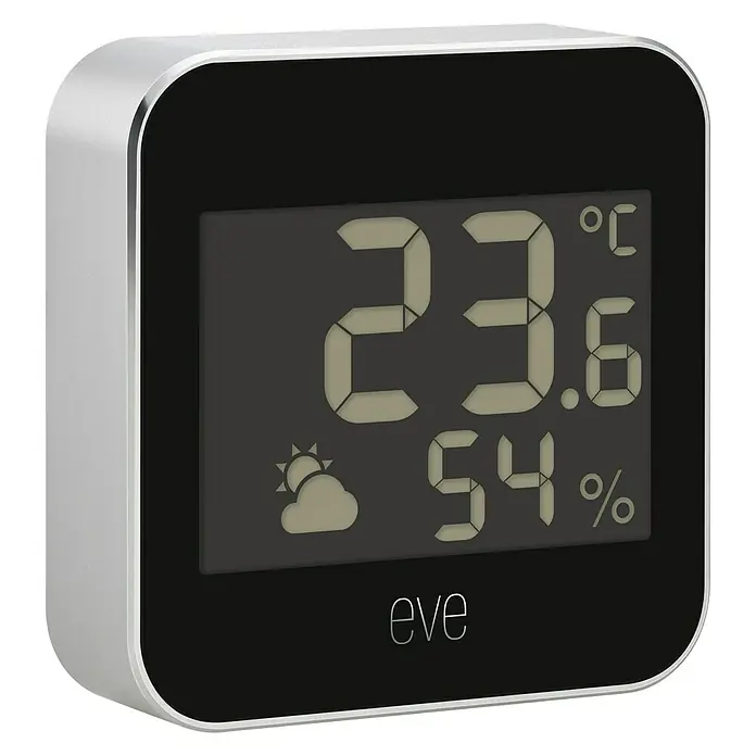 Eve Wetterstation Weather - Batteriebetrieben, Schwarz/Silber, 16 x 54 x 54 mm - Diagonale Ansicht