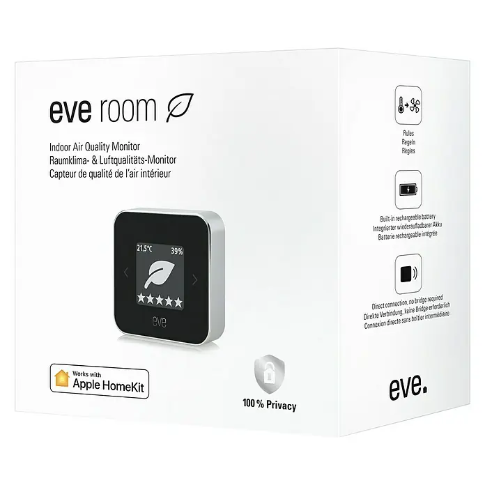 Eve Luftqualitätsmonitor Room - Akkubetrieben, Schwarz/Silber, 15 x 54 x 54 mm - Diagonale Ansicht