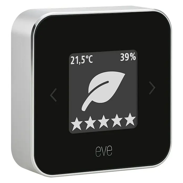 Eve Luftqualitätsmonitor Room - Akkubetrieben, Schwarz/Silber, 15 x 54 x 54 mm - Diagonale Ansicht