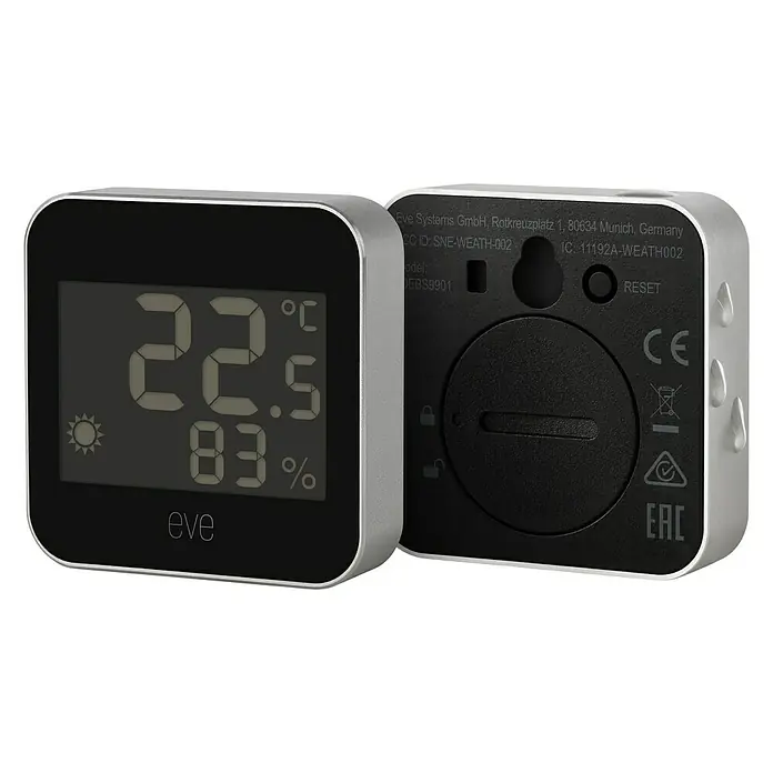 Eve Wetterstation Weather - Batteriebetrieben, Schwarz/Silber, 16 x 54 x 54 mm - Diagonale Ansicht