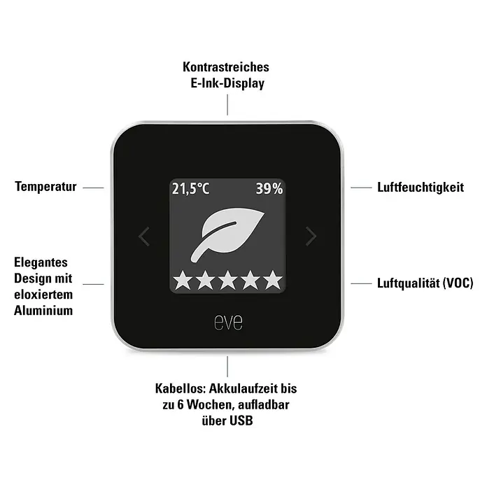 Eve Luftqualitätsmonitor Room - Akkubetrieben, Schwarz/Silber, 15 x 54 x 54 mm - Skizze