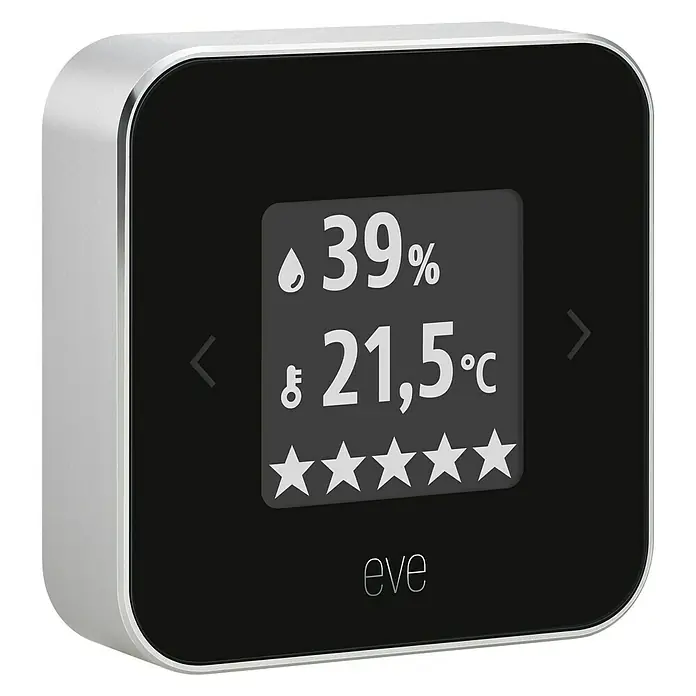 Eve Luftqualitätsmonitor Room - Akkubetrieben, Schwarz/Silber, 15 x 54 x 54 mm - Diagonale Ansicht