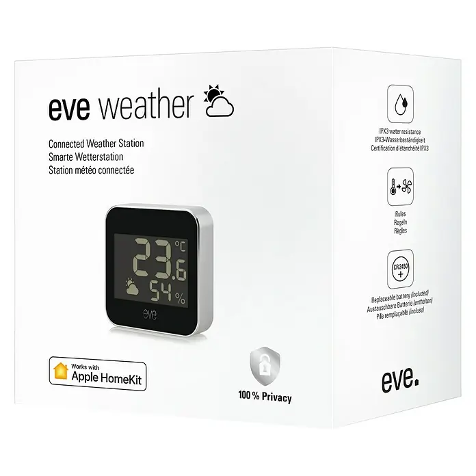 Eve Wetterstation Weather - Batteriebetrieben, Schwarz/Silber, 16 x 54 x 54 mm - Diagonale Ansicht