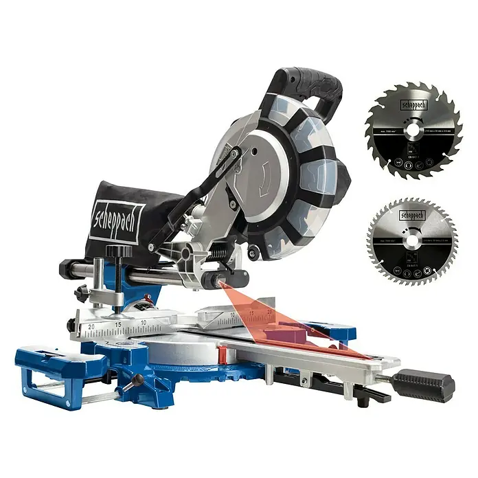 Scheppach Kapp- & Gehrungssäge HM254SPX - 2.200 W, Durchmesser Sägeblatt: 254 mm, Leerlaufdrehzahl: 4.800 U/min - Diagonale Ansicht