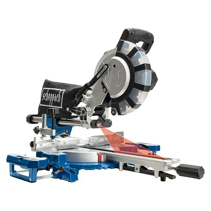 Scheppach Kapp- & Gehrungssäge HM254SPX - 2.200 W, Durchmesser Sägeblatt: 254 mm, Leerlaufdrehzahl: 4.800 U/min - Diagonale Ansicht