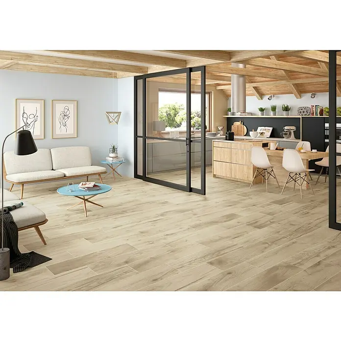 Pavimento cerámico Olsen - 24 x 95 cm, Beige, Estilo madera - Foto ambiente