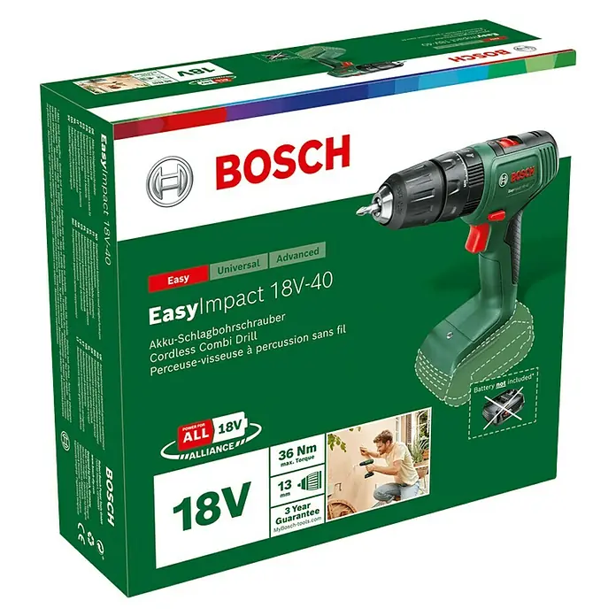 Bosch 18 V Power for All Akku-Schlagbohrschrauber EasyImpact 18V-40 - 18 V, Ohne Akku, Leerlaufdrehzahl: 430 U/min - 1.630 U/min - Diagonale Ansicht