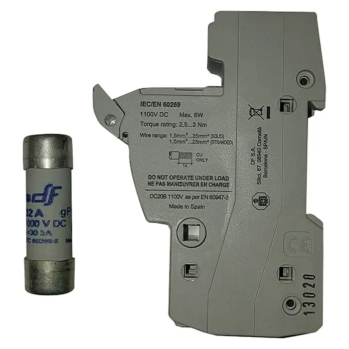 Base portafusibles y fusible de 30A - Gris, 1.000 V - Vista descendente