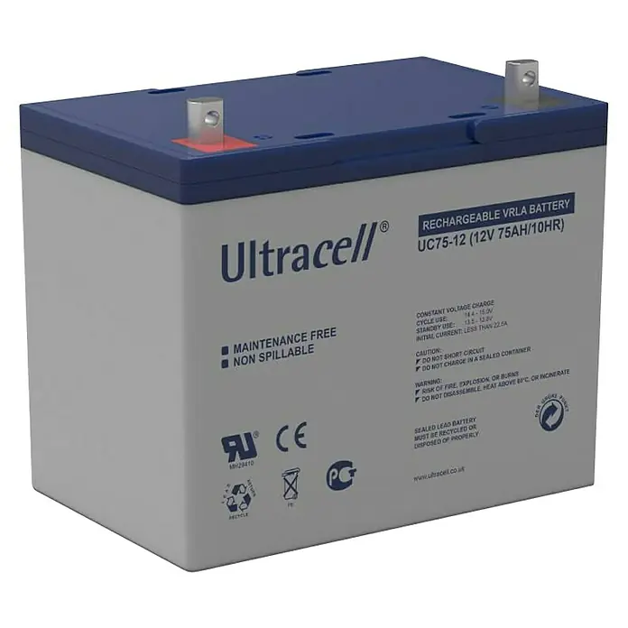 Batería solar AGM Ultracell - 75 Ah, L x An x Al: 16,8 x 25,9 x 22,8 cm - Vista angular