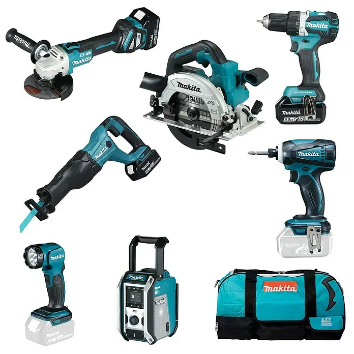 Makita Maschinen-Set DLX7018TX1 - Inhalt: 7 Stk., 3 Akkus, 18 V, 5 Ah - Diagonale Ansicht