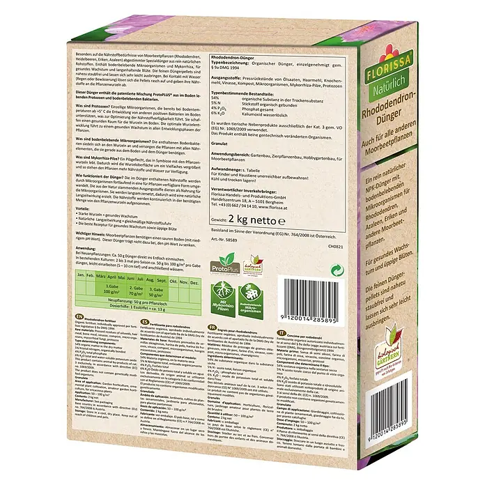 Florissa Rhododendrondünger - 2 kg, Inhalt ausreichend für ca.: 20 m² - Diagonale Ansicht