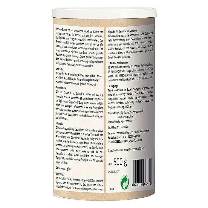 Florissa Tiervertreiber Katzenstopp - 500 g, Inhalt ausreichend für ca.: 166 m² - Rückansicht