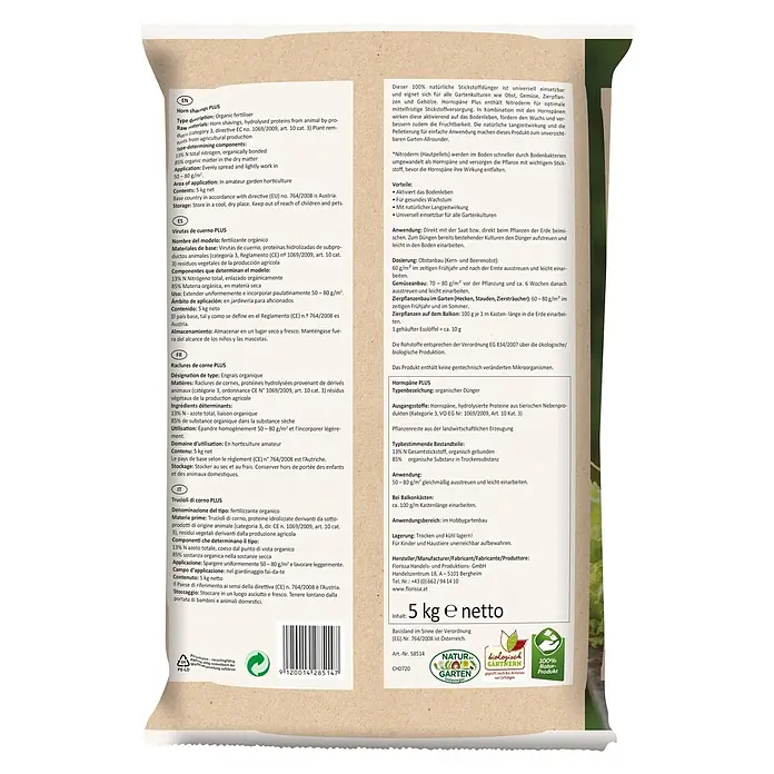 Florissa Bio-Hornspäne Plus - 5 kg, Inhalt ausreichend für ca.: 100 m² - Rückansicht