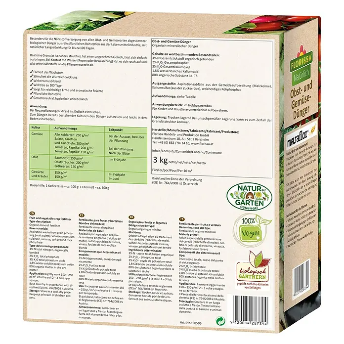 Florissa Bio-Gartendünger Obst & Gemüse - 3 kg, Inhalt ausreichend für ca.: 20 m² - Diagonale Ansicht