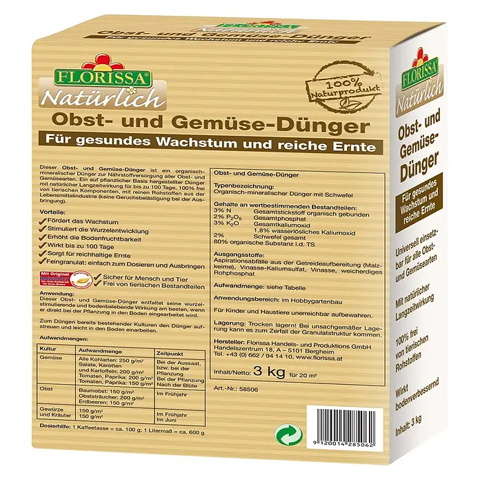 Florissa Bio-Gartendünger Obst & Gemüse - 3 kg, Inhalt ausreichend für ca.: 20 m² - Diagonale Ansicht