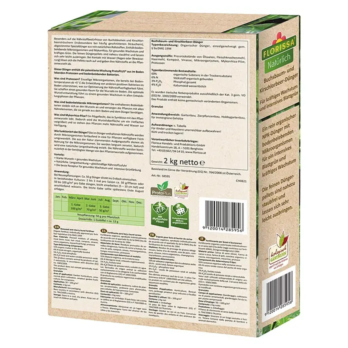 Florissa Buchs- & Hecken-Dünger - 2 kg, Inhalt ausreichend für ca.: 20 m² - Diagonale Ansicht