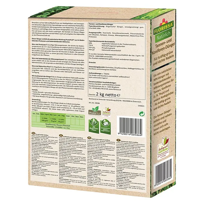 Florissa Tannen- & Koniferendünger - 2 kg, Inhalt ausreichend für ca.: 20 m² - Diagonale Ansicht