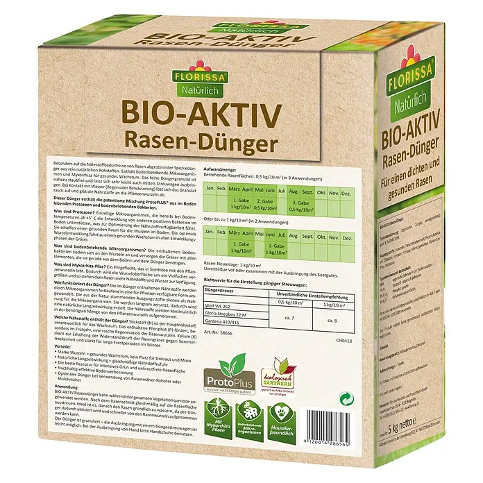 Florissa Rasendünger Bio-Aktiv - 5 kg, Inhalt ausreichend für ca.: 100 m² - Diagonale Ansicht