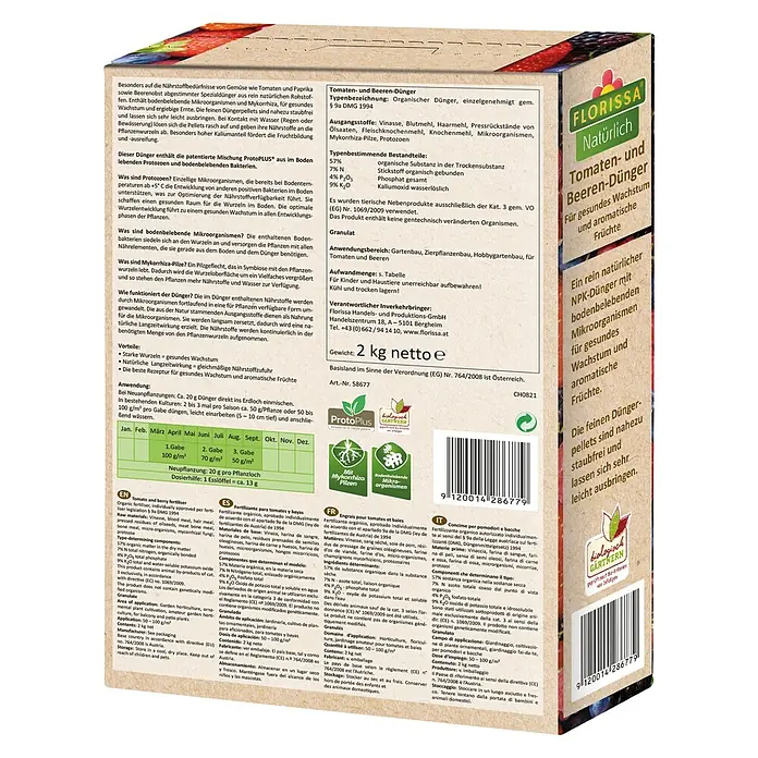 Florissa Tomaten- & Beerendünger - 2 kg, Inhalt ausreichend für ca.: 20 m² - Diagonale Ansicht