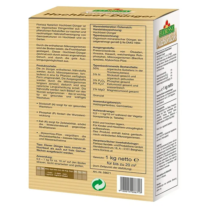 Florissa Gartendünger - 1 kg, Inhalt ausreichend für ca.: 20 m² - Diagonale Ansicht
