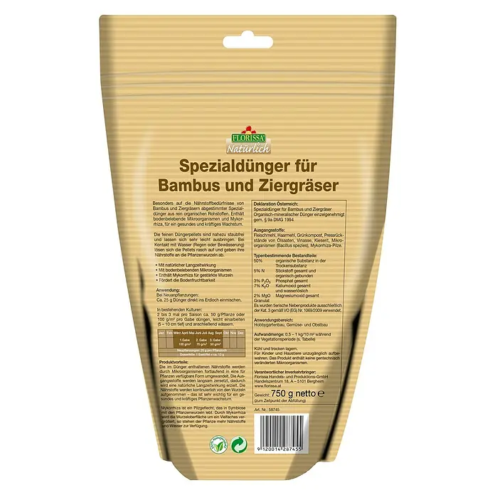 Florissa Grünpflanzendünger Bambus & Ziergräser - 750 g, Inhalt ausreichend für ca.: 15 m² - Rückansicht