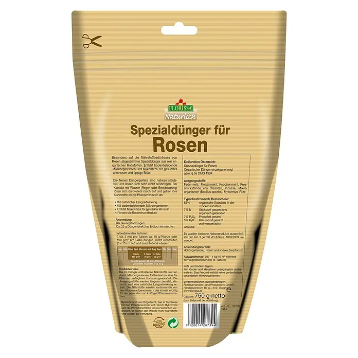 Florissa Rosendünger - 750 g, Inhalt ausreichend für ca.: 7,5 m² - Rückansicht