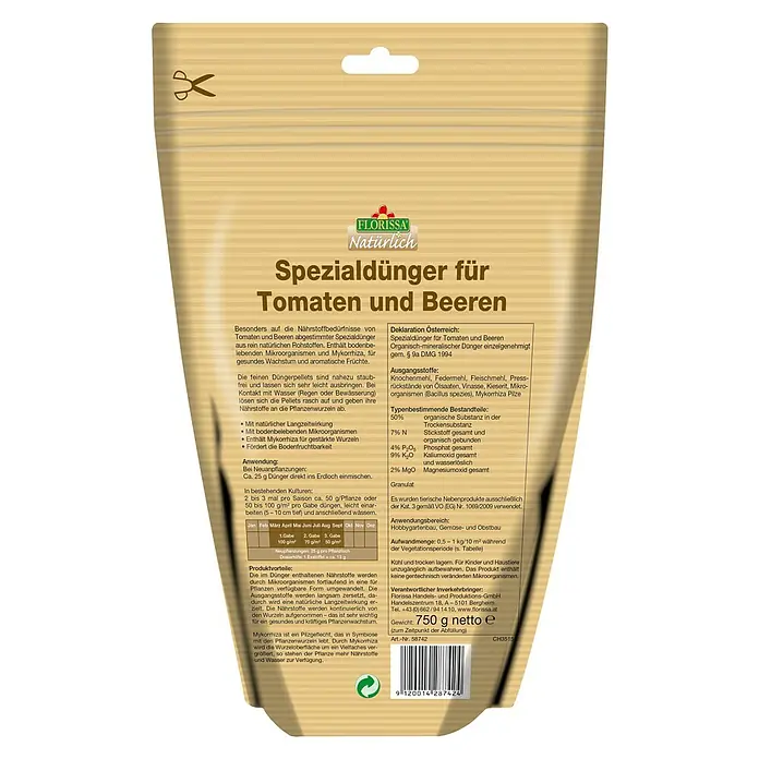 Florissa Tomaten- & Beerendünger - 750 g, Inhalt ausreichend für ca.: 7,5 m² - Rückansicht
