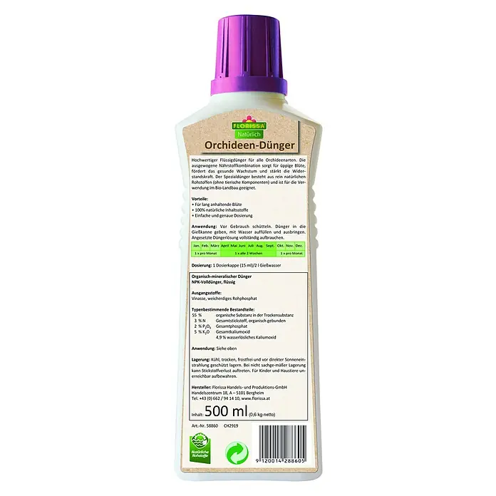 Florissa Orchideendünger - 500 ml, Inhalt ausreichend für ca.: 134 l Gießwasser - Rückansicht