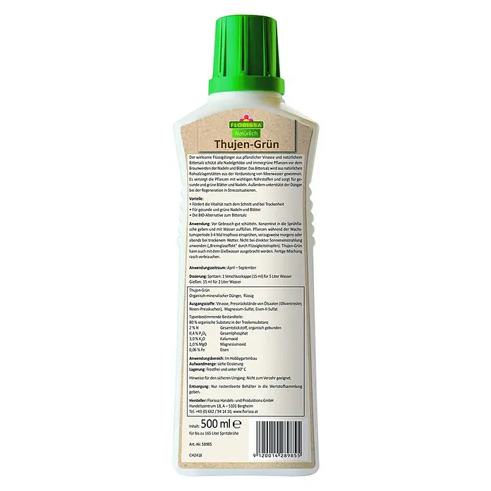 Florissa Universal-Flüssigdünger Thujen-Grün - 500 ml - Rückansicht