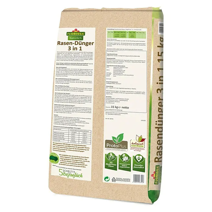 Florissa Rasendünger 3 in 1 - 15 kg, Inhalt ausreichend für ca.: 300 m² - Rückansicht