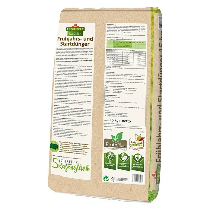 Florissa Bio-Rasendünger - 15 kg, Inhalt ausreichend für ca.: 300 m² - Rückansicht