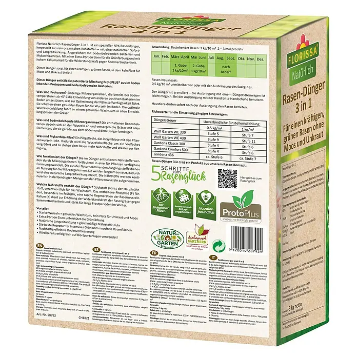 Florissa Rasendünger 3 in 1 - 5 kg, Inhalt ausreichend für ca.: 100 m² - Diagonale Ansicht