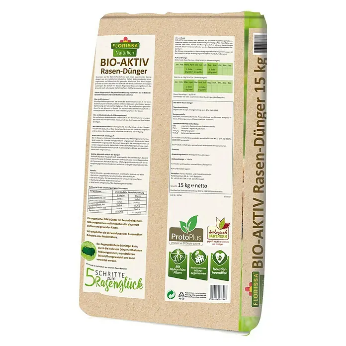 Florissa Rasendünger Bio-Aktiv - 15 kg, Inhalt ausreichend für ca.: 300 m² - Rückansicht