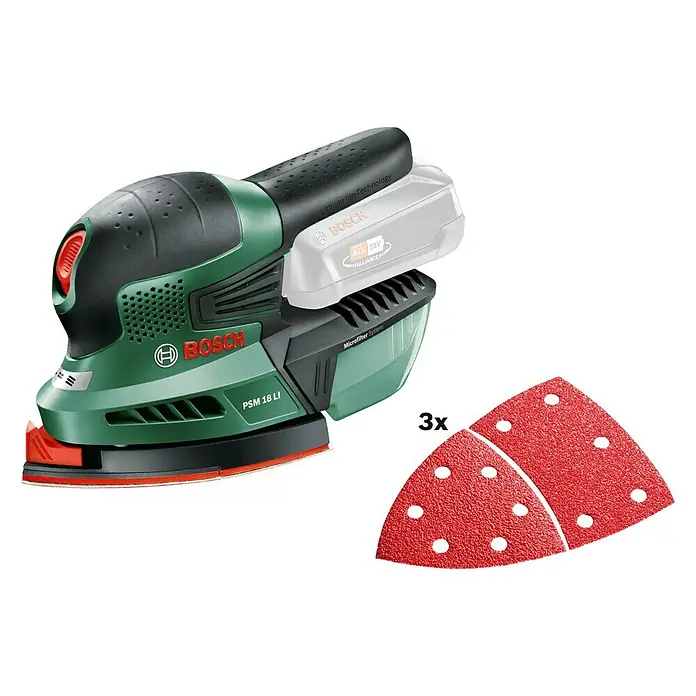 Bosch 18 V Power for All Akku-Multischleifer PSM 18 LI - 18 V, Li-Ionen, Ohne Akku, 22.000 U/min - Diagonale Ansicht