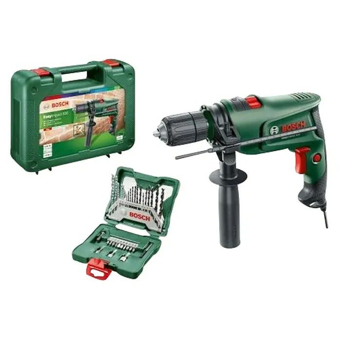 Bosch Taladro percutor EasyImpact 630 + Set de accesorios X-Line - 630 W, Número de revoluciones de marcha en vacío: 3.000 r.p.m. - Vista angular