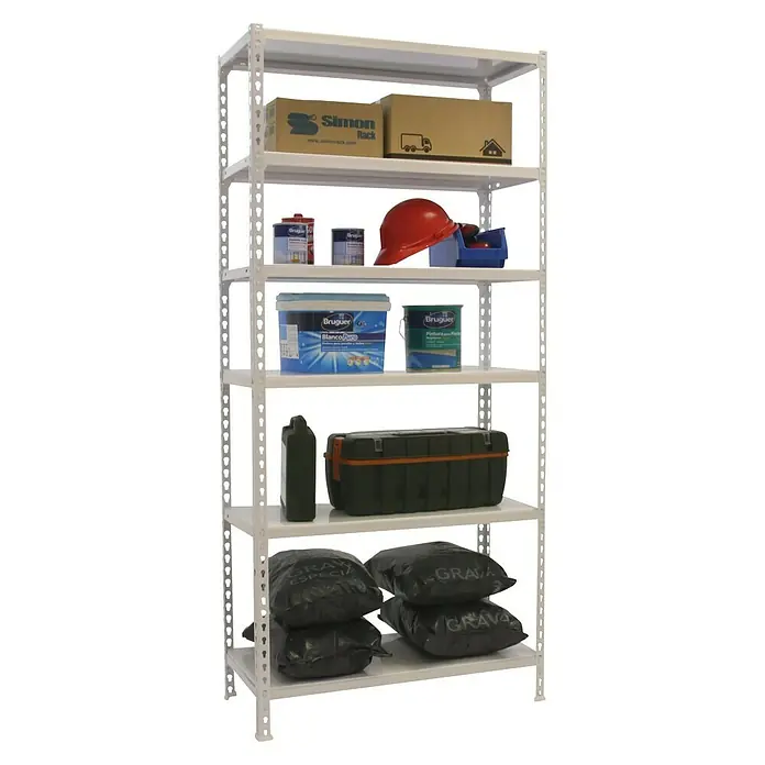 Simonrack Simonclick Metallregal Plus - L x B x H: 30 x 100 x 250 cm, Traglast: 180 kg/Boden, Anzahl Böden: 6 Stk., Stecken, Weiß - Diagonale Ansicht