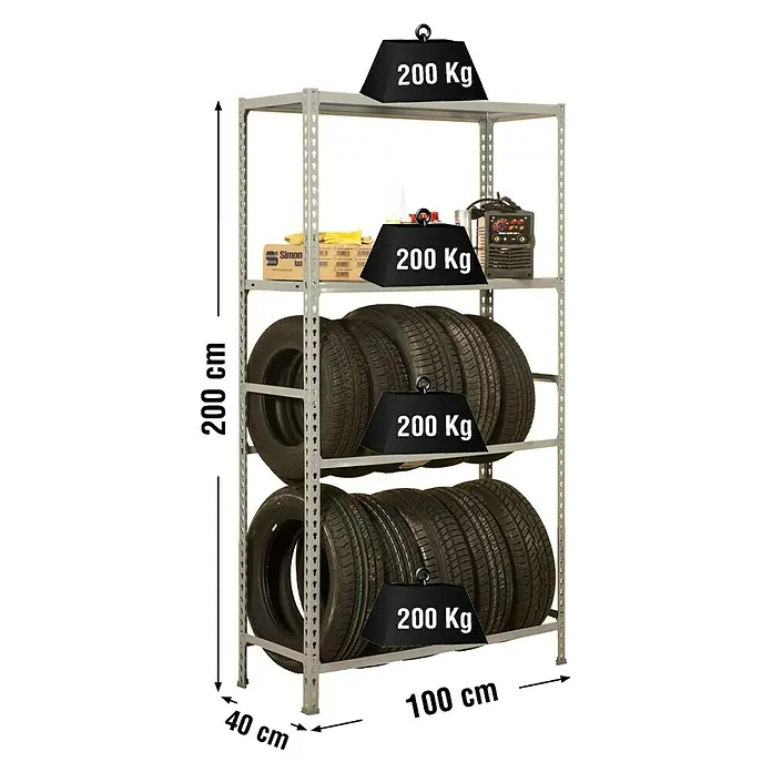 Simonrack Simongarage Metall-Reifenregal Mega Plus - L x B x H: 40 x 100 x 200 cm, Traglast: 200 kg/Boden, Anzahl Böden: 4 Stk., Stecken, Grau - Skizze