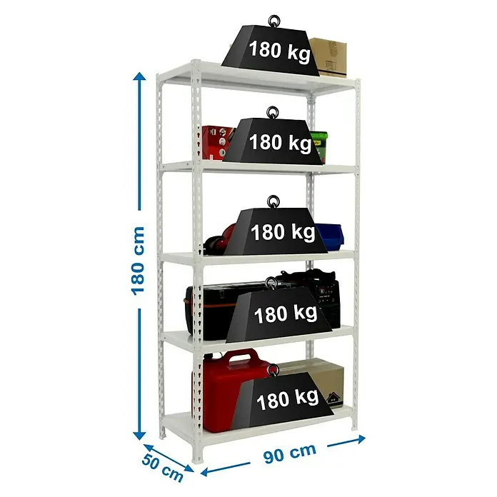 Simonrack Simonclick Metallregal - L x B x H: 50 x 90 x 180 cm, Traglast: 180 kg/Boden, Anzahl Böden: 5 Stk., Stecken, Weiß - Skizze