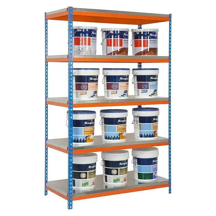 Simonrack Bricoforte Metall-Schwerlastregal - L x B x H: 45 x 120 x 200 cm, Traglast: 300 kg/Boden, Anzahl Böden: 5 Stk., Blau/Orange, Material Boden: Metall - Diagonale Ansicht