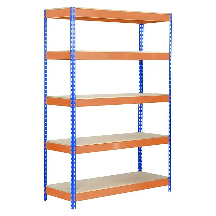 Simonrack Bricoforte Metall-Schwerlastregal - L x B x H: 45 x 100 x 200 cm, Traglast: 300 kg/Boden, Anzahl Böden: 5 Stk., Blau/Orange, Material Boden: Holz - Diagonale Ansicht