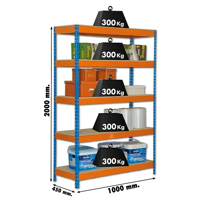 Simonrack Bricoforte Metall-Schwerlastregal - L x B x H: 45 x 100 x 200 cm, Traglast: 300 kg/Boden, Anzahl Böden: 5 Stk., Blau/Orange, Material Boden: Holz - Skizze